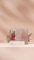 frosted glass and red chinese evergreen 3D image render blank space white round podium in portrait photo