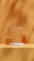 Portrait layout texture glass and wood block 3D render blank mockup of granite cylinder podium photo