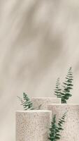 Portrait layout eucalyptus leaf and cream wall 3d rendering scene mockup of terrazzo texture podium photo