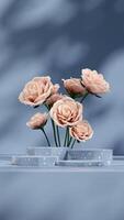 Mockup template of blue terrazzo texture podium in portrait with pink rose background 3d rendering photo