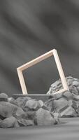 3d rendering mockup template concrete podium in portrait with grey rock and white frame photo