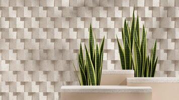 3d rendering mockup template of podium terrazzo texture block in landscape with snake plant photo