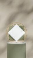 Rectangle and gold ring 3d rendering mockup of green white and terrazzo texture podium in portrait photo