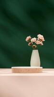 Green vase with pink rose 3d render mockup space of white and terrazzo texture podium in portrait photo