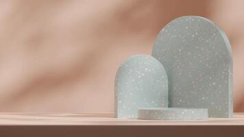 3d rendering mockup template of green terrazzo texture podium in landscape with arch backdrop photo
