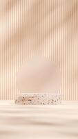 3d rendering terrazzo texture podium in portrait with blurred glass and geometric shape wall photo