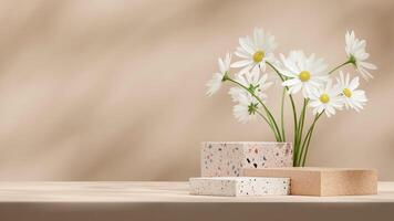Terrazzo texture block podium 3d rendering mockup in landscape with white daisy flower photo