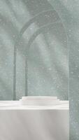 3d rendering mockup green terrazzo texture arch wall and white podium in portrait with gobo light photo