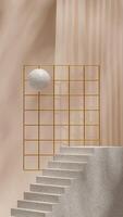 Geometric shape stair podium 3d rendering image mockup background in portrait with grid and sphere photo