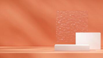 White podium in landscape with texture float glass and orange background 3D render mockup template photo