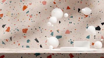 Mockup 3d rendering template of white podium in landscape with floating sphere and terrazzo wall photo