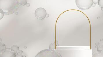 Landscape layout 3d rendering mockup template white podium with float bubble and gold arch photo