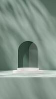 3d rendering mockup template of white podium in portrait with green wall, glass and arch wall photo