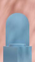 Blue color cylinder podium in portrait with arch and pink wall 3d rendering mockup space photo