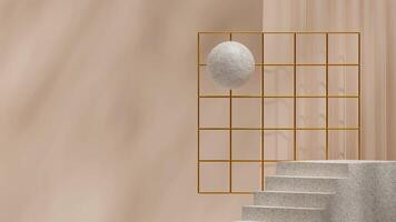 Geometric shape stair podium 3d rendering image mockup background in landscape with grid and sphere photo