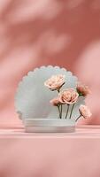 Pink rose background with green terrazzo texture backdrop podium in portrait 3d rendering mockup photo