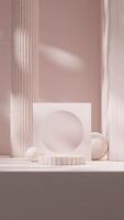 Full decoration pale pink terrazzo 3d rendering mockup scene in portrait with pillar and sphere photo