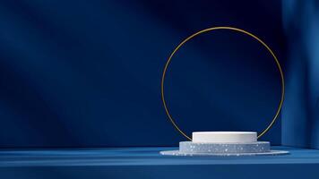 Blue terrazzo texture and white podium 3d rendering mockup in landscape with gold ring background photo