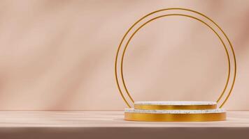 3d rendering mockup template marble and gold texture podium in landscape with circle backdrop photo
