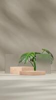 Scene mockup of brown terrazzo texture podium in portrait with frosted glass and monstera 3d render photo