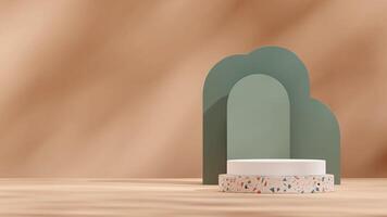 3d rendering mockup template white and terrazzo texture podium in landscape with green arch backdrop photo