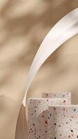 Portrait layout of white cloth and light brown wall 3d render blank space terrazzo texture podium photo