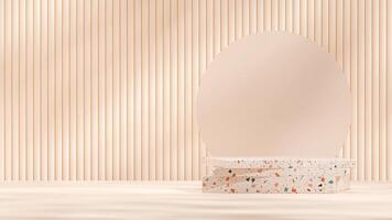 3d rendering terrazzo texture podium in landscape with blurred glass and geometric shape wall photo