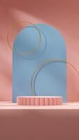 Pink cylinder podium in portrait with blue arch and gold ring 3d rendering mockup scene photo