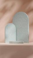 3d rendering mockup template of green terrazzo texture podium in portrait with arch backdrop photo