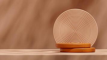 Geometric circular background 3d rendering image mockup wood texture podium brown scene in landscape photo
