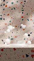 Mockup 3d rendering template of white podium in portrait with floating sphere and terrazzo wall photo