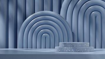 3d mockup rendering image of terrazzo texture podium in landscape with blue boho rainbow background photo