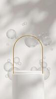 Portrait layout 3d rendering mockup template white podium with float bubble and gold arch photo