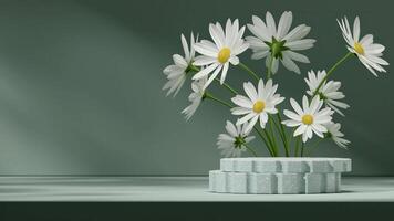 Landscape layout 3d rendering mockup image of green terrazzo podium with daisy flower background photo