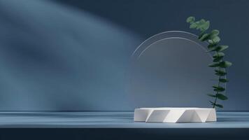 Frosted glass and green leaf 3d rendering mockup scene of white cylinder podium in landscape photo