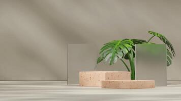Scene mockup of brown terrazzo texture podium in landscape with frosted glass and monstera 3d render photo