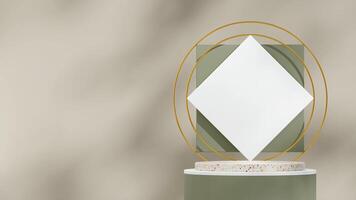 Rectangle and gold ring 3d rendering mockup of green white and terrazzo texture podium in landscape photo