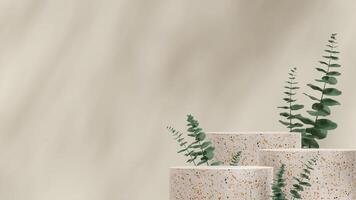 Landscape layout eucalyptus leaf and cream wall 3d rendering scene mockup of terrazzo texture podium photo