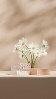Terrazzo texture block podium 3d rendering mockup in portrait with white daisy flower photo