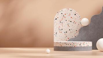 Geometrical shape 3d rendering mockup terrazzo and concrete texture podium in landscape with sphere photo
