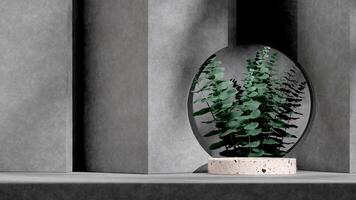 Bright 3d rendering empty scene of terrazzo texture podium in landscape with concrete and leaves photo