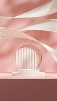 Floating cloth 3d rendering mockup template white podium in portrait with circle hole in pink wall photo