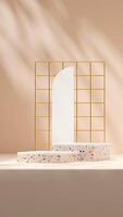 3d rendering white and terrazzo texture podium mockup template in portrait with gold grid photo