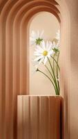 3d rendering mockup template brown color terrazzo texture podium in portrait with daisy and arch photo