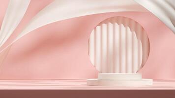 Floating cloth 3d rendering mockup template white podium in landscape with circle hole in pink wall photo