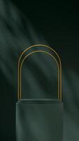 Dark green color mockup minimal podium scene 3d rendering in portrait with gold arch background photo