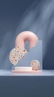 3d rendering mockup white and pink podium in portrait with geometrical stair shape and arch photo