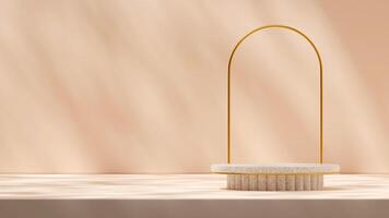 Geometrical shape podium terrazzo texture with gold arch backdrop 3d rendering mockup in landscape photo
