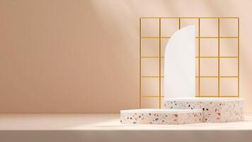 3d rendering white and terrazzo texture podium mockup template in landscape with gold grid photo