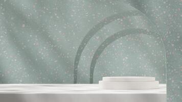 3d rendering mockup green terrazzo texture arch wall and white podium in landscape with gobo light photo